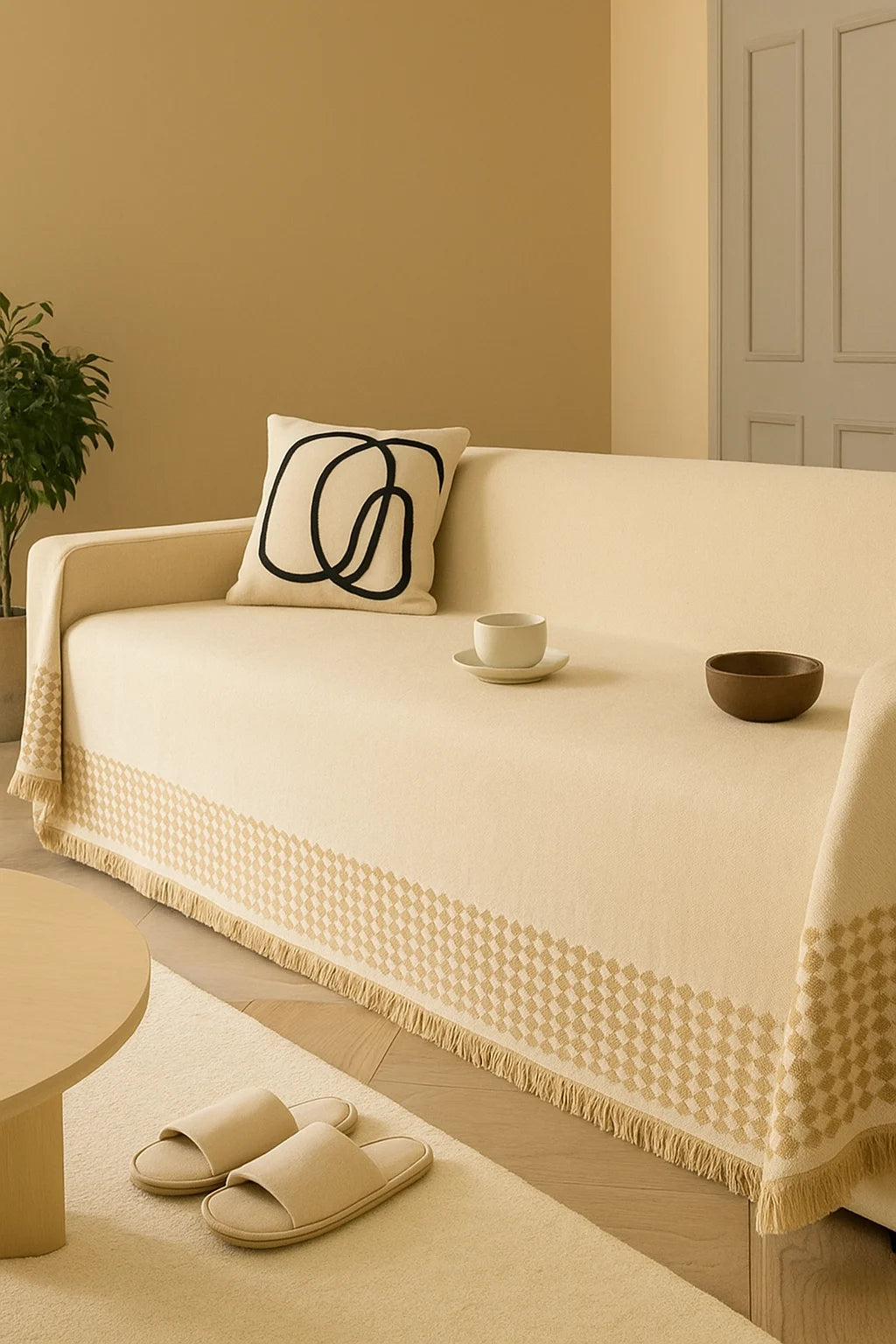 Scandi Minimalist Sofa Cover with Geometric Fringe Detailing