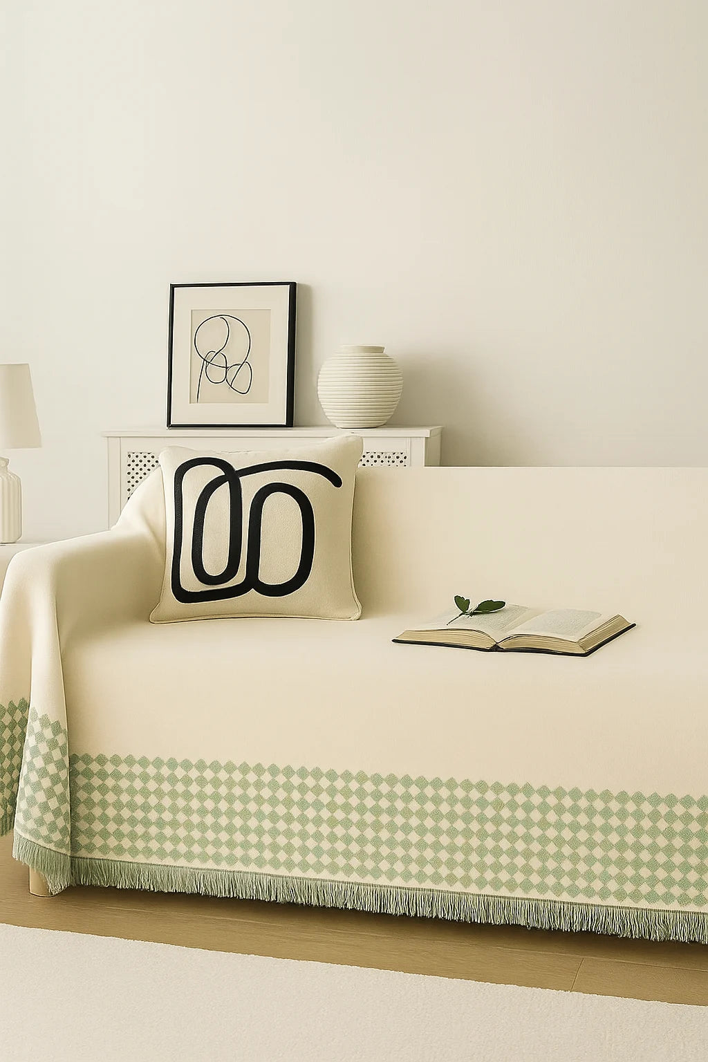 Scandi Minimalist Sofa Cover with Geometric Fringe Detailing